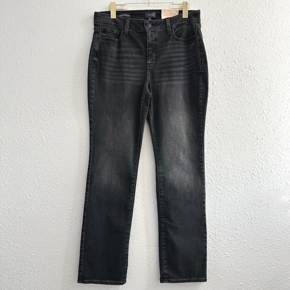 NYDJ Marilyn Straight Jeans Womens 12 Black Nightbreak Lift Tuck High Rise Denim